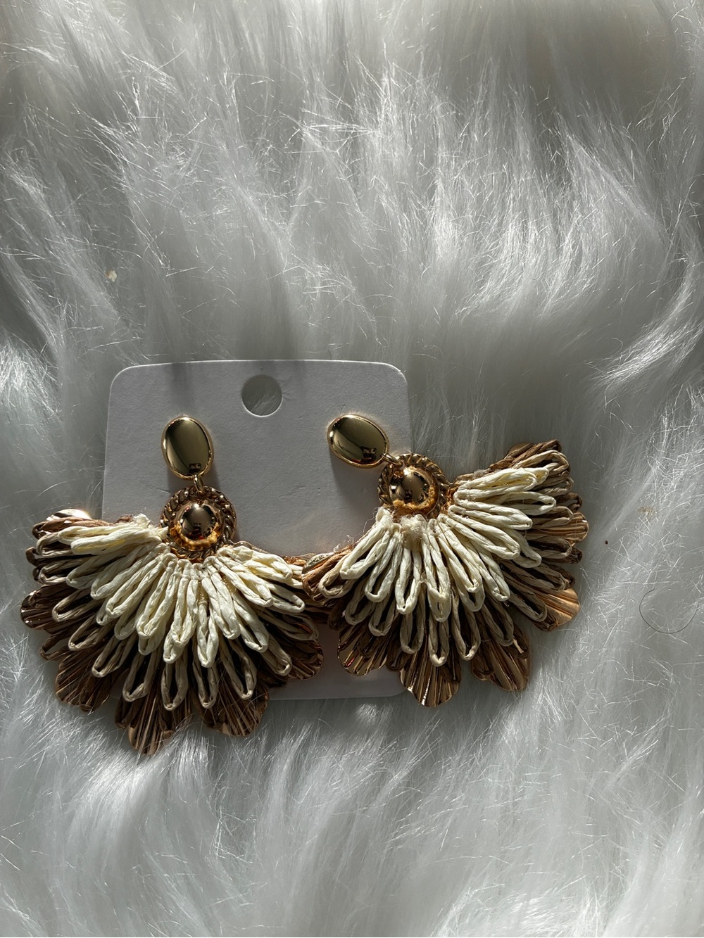 Gold and Cream Fan Fringe Statement Earrings - Women Jewelry